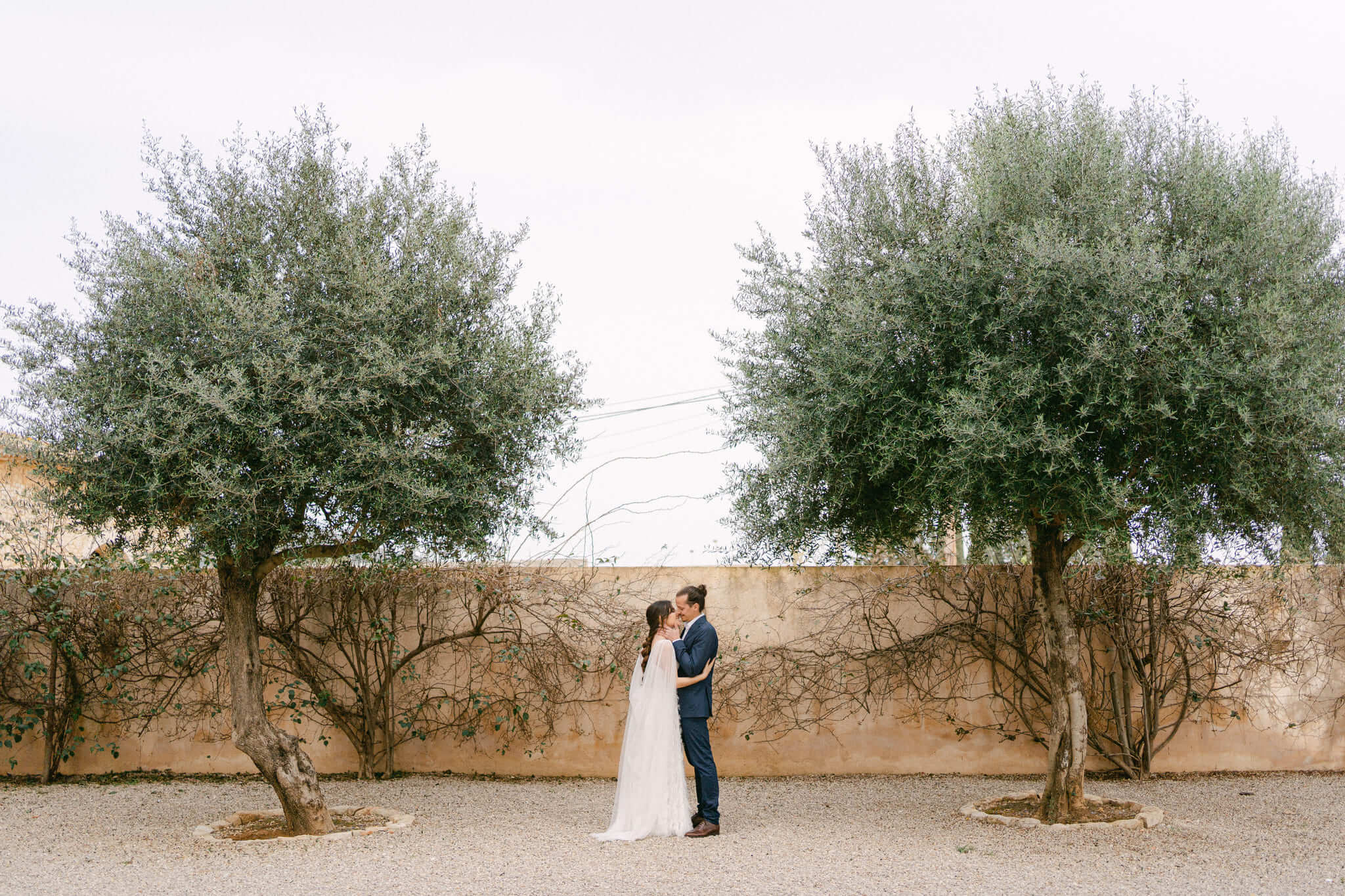 Brautpaar steht zärtlich umschlungen vor einer alten Mauer und Olivenbäumen auf einer rustikalen Finca auf Mallorca, die Braut in einem schlichten weißen Kleid und der Bräutigam in einem dunkelblauen Anzug.